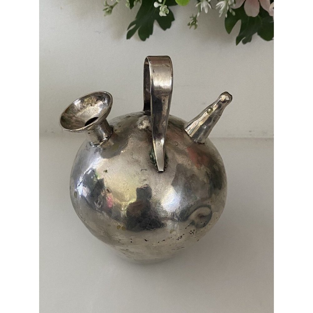 Vtg Metal Silver Color Gargoulette Jug or Botijo Water‎ Oil Jug Pitcher Handmade - Picture 10 of 16